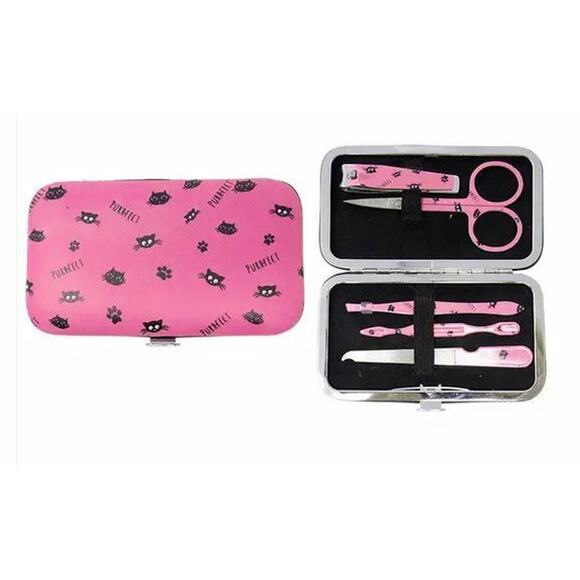 New Hot Pink Black Cat Kitten 5 piece Beauty Spa Mini Pedi Manicure Nail Set - Picture 2 of 2